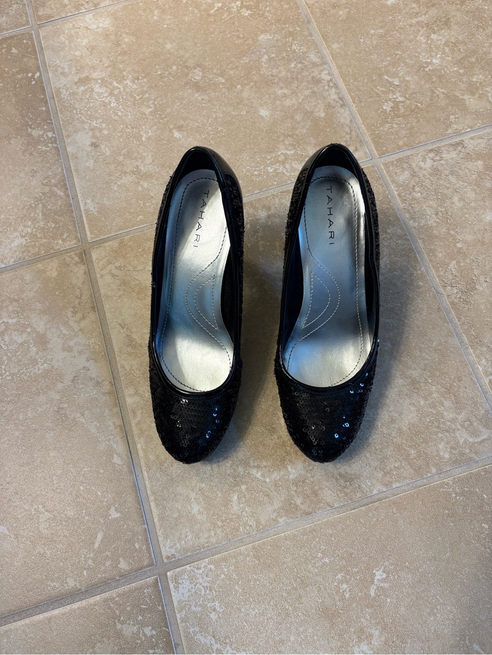 Tahari Black Sequin Round-Toe Heels